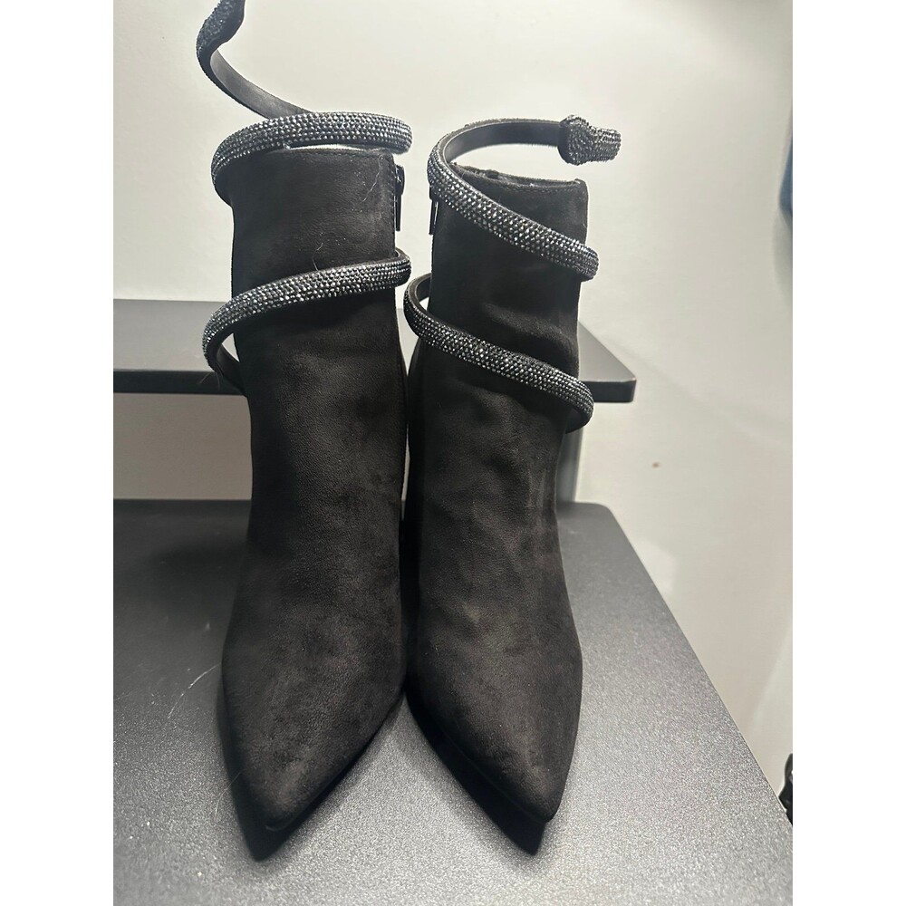 Women's Black Suede Snake Embellished Pointed Toe Boots